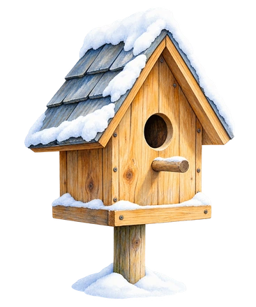 A wooden birdhouse with a blue roof, round entrance and small perch is topped with fresh snow.