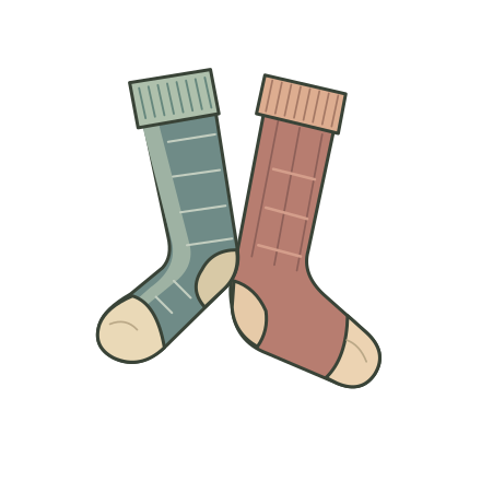 Two warm wool socks lean in opposite directions, with ribbed cuffs, cream toes and reinforced heels.